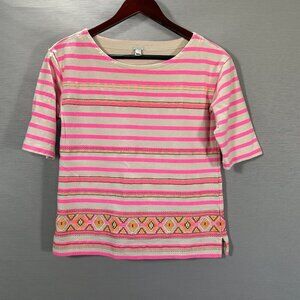 J Crew Top Womens XS Stitchwork Stripe Embroidered Cotton Aztec 3/4 Sleeve Tee